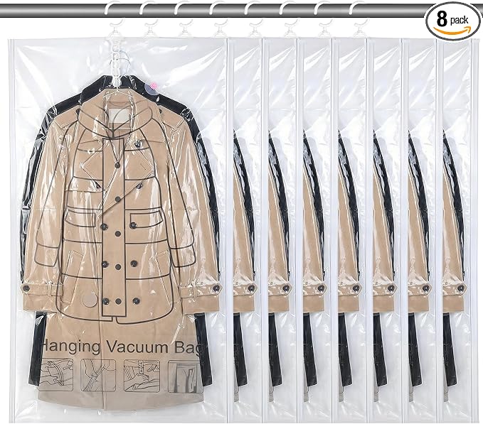 8 Pcs 43.3 x27.6 Inch Clear Hanging Vacuum Seal Bags for Clothing | Reusable Compressed Space Saver Vacuum Storage Bags Vacuum Seal Storage Bag for Closet Organizer Suits Dress Coats Jackets