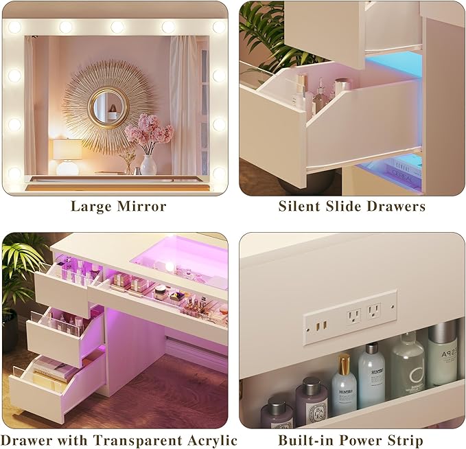 HUAHUU Vanity Desk with Lighted Mirror & Transparent Top, Makeup Vanity Desk with 4 Transparent Drawers and RGB Lighting, Built-in Power Outlet, 3-Tier Side Shelves & Storage Organizer for Bedroom