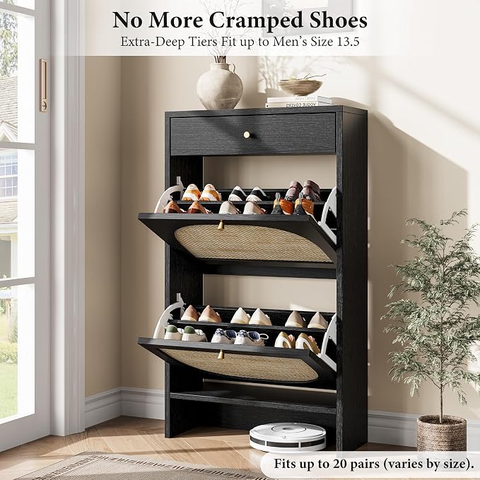 Nicetree Shoe Cabinet for Entryway, Slim Shoe Rack with 2 Flip Drawers and Top Storage Drawer, Narrow Shoe Organizer with Printed Rattan-Look Design, Entryway Shoe Storage for Size 12 Shoes, Black