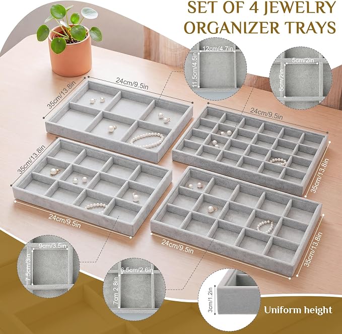 Unittype Set of 4 Stackable Jewelry Organizer Tray for Drawer Inserts Velvet Necklace Earring Bracelet Ring Holder Jewelry Display Storage Box for Bangle Stud Necklace Ring(6/12/15/24 Grid,Gray)
