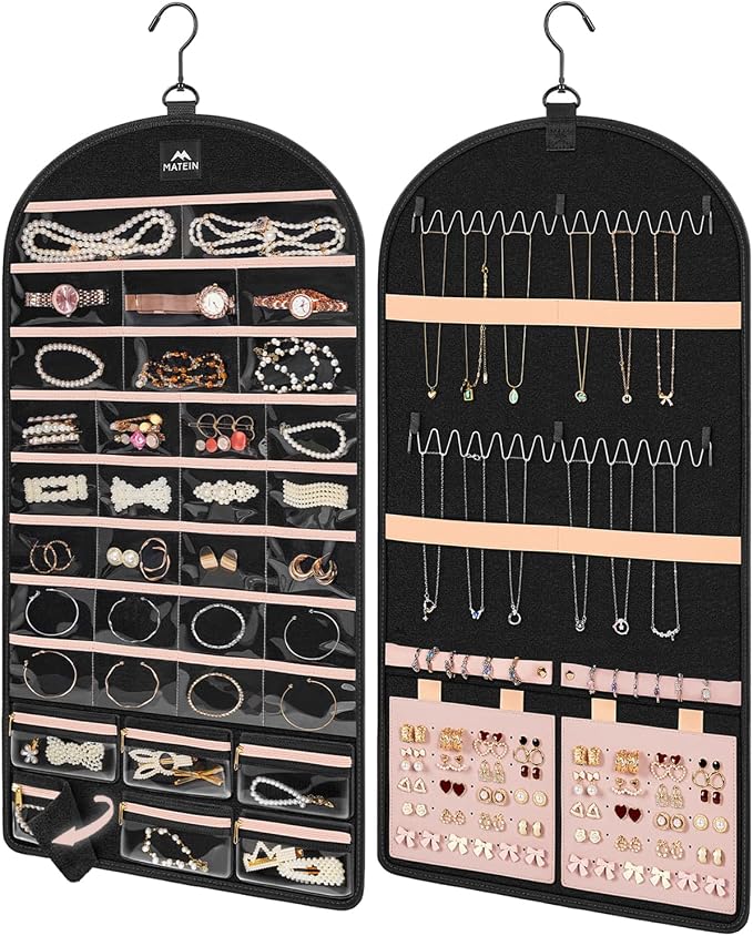 MATEIN Hanging Jewelry Organizer with Removable Zipper Jewelry Pouches | Tangle-Free Necklace Hanger, Metal Hook for Closet, Dual-Sided Design, Earring Storage, Bracelet Ring Holder, Over the Door