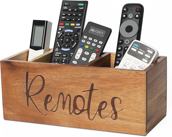 LBEMEY Remote Control Holder Caddy, Acacia Wood TV Remote Holder, Remote Organizer for Table, Vintage Farmhouse Desk Caddy (Brown-for 5+ Remote Controls)
