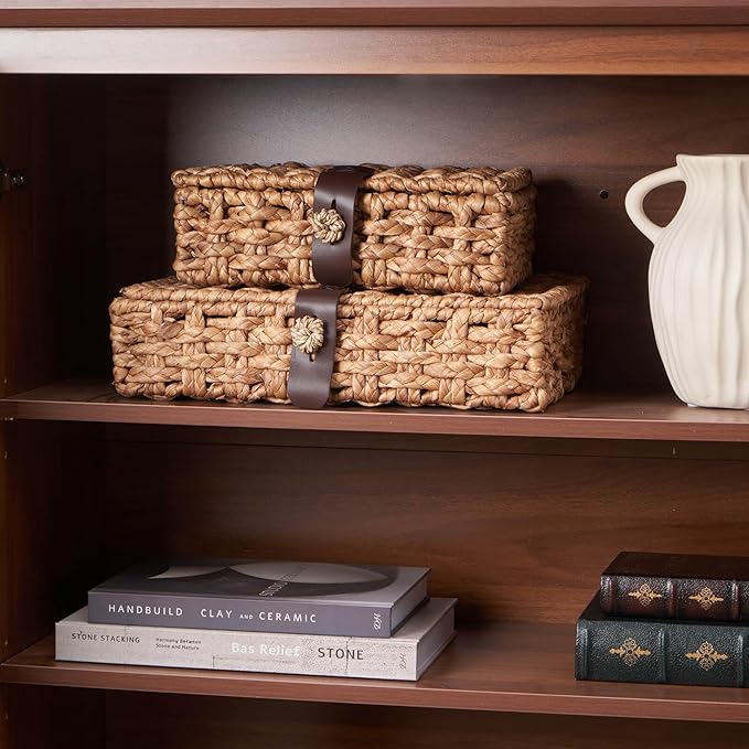 Decorative Box with Lid, Wicker Storage Basket, Water Hyacinth Woven Decorative box for Shelf, Coffee Table, Console Table, Home Decor (Small)