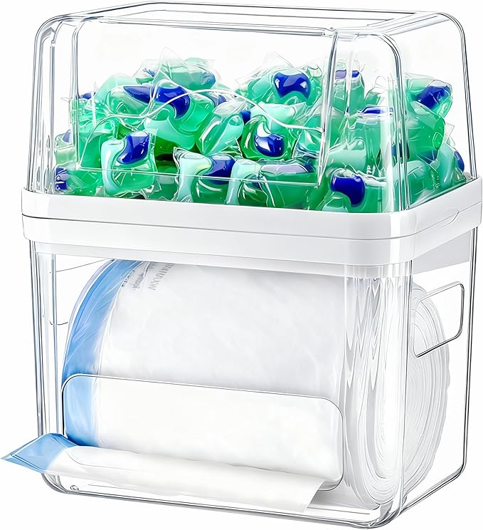 iCASA 3 in 1 Trash Bag Dispenser Holder Dishwasher Pod Organizer | Garbage Bag Dispenser Under Sink Organizer for 13/30/33 Gallon Bag, Kitchen Clear Plastic Storage Bins Laundry Pods Container