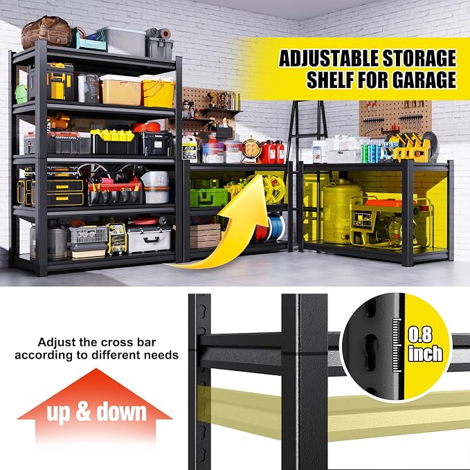 Set of 5 All Metal Garage Shelving - 2050 lbs 5 Tier Storage Shelves, Adjustable Heavy Duty Metal Shelving Unit and Storage Large Rack, Utility Steel Shelf for Warehouse Industrial Pantry 71"x46"x20"