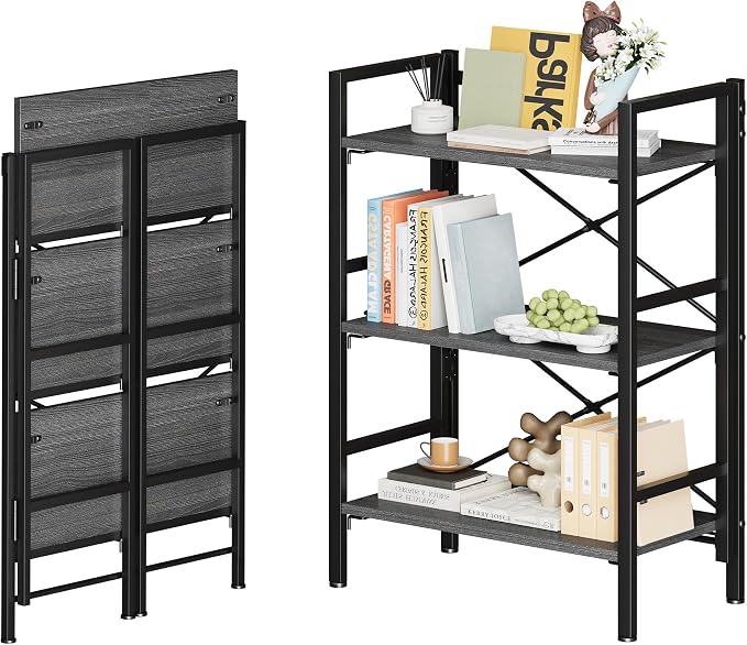 Homeiju Folding Bookshelf No Assembly, 3 Tier Bookcase Foldable Shelf with X-Bracket Design, Adjustable Feet, Space Saving Storage for Living Room, Office