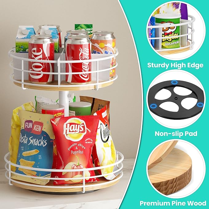Snack Organizer 2 Tier Lazy Susan Storage Holder, White | Adjustable Height, 360° Rotation, For Countertop Office Home Breakroom