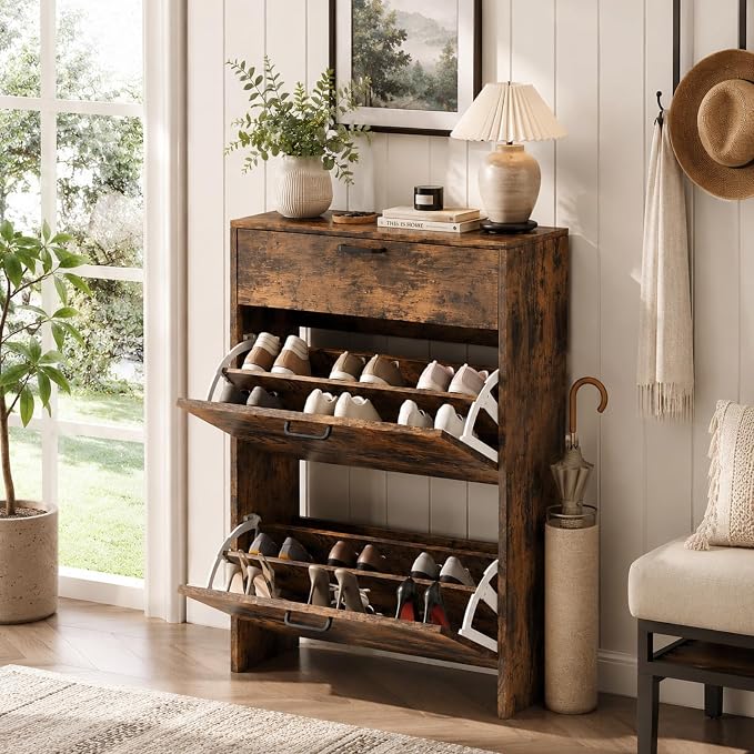 VINGLI Set of 2 Distressed Wood Shoe Cabinet for Entryway, 2-Pack Ultra Slim Shoe Organizer with 2 Flip & 1 Drop-Down Drawers, 24.8" W Narrow Shoe Cabinet, Rustic Brown Wood Shoes Rack for Hallway