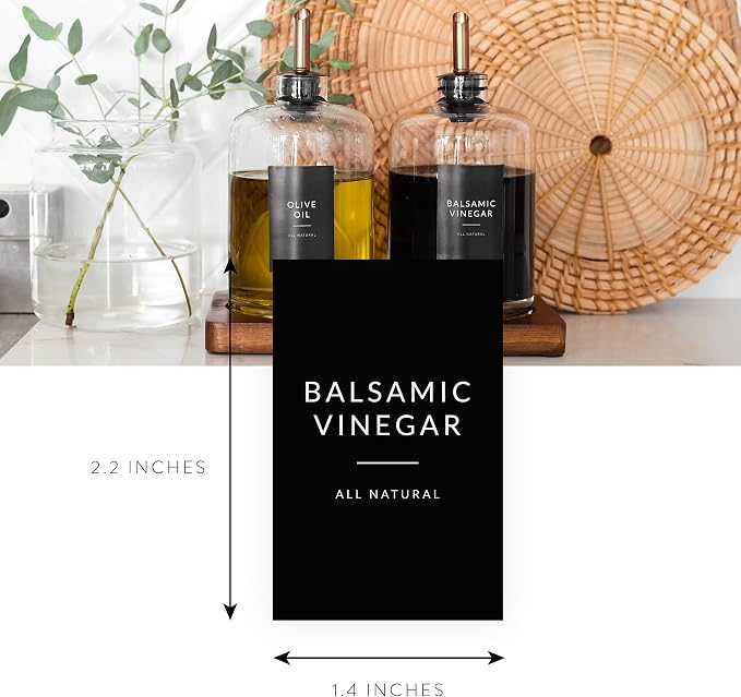 Black Oil Bottle Labels, 54 Preprinted Pantry Stickers for Oils and Vinegar Dispenser Glass Bottles, Condiment Jars, Waterproof Removable, Kitchen Organization