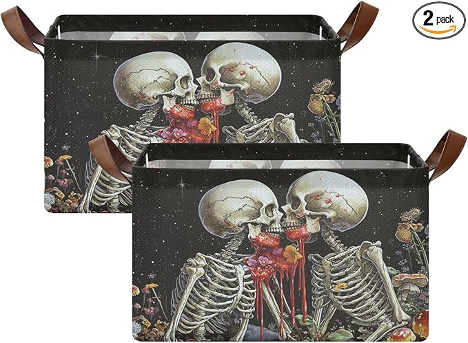 Black Skeleton Gothic Storage Bins for Shelves with Labels&Handles Halloween Organizer Bin Foldable Rectangle Storage Basket Black Goth Skull Boxes for Closet, Bathroom, Home, Room, Laundry, 2 PC