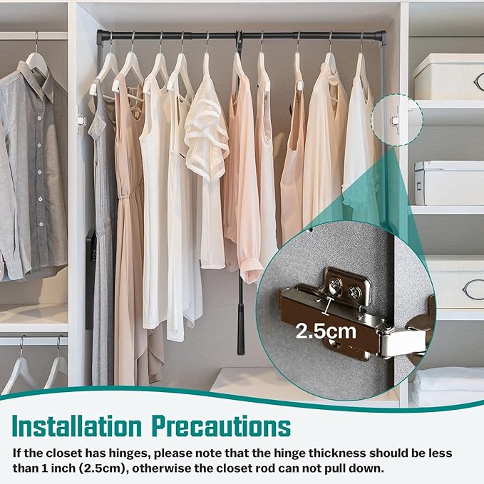 Pull Down Closet Rod, Adjustable 26''-35'' Wardrobe Lift Rail Organizer | Side Mounted Two-way Buffering Closet Poles for Hanging Clothes, Heavy Duty Pull Down Clothes Rack, 33 lbs Load Capacity