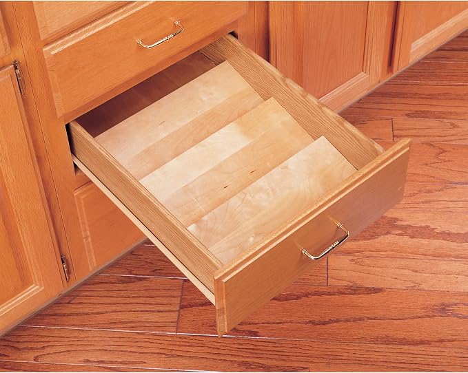 Rev-A-Shelf 3-Tier Wood Trim-to-Custom-Fit Spice Rack Drawer Insert, 16" x 19.75", Maple - Drop-In Seasoning Jars Storage Tray Organizer for Kitchen Cabinet and Pantry Organization, 4SDI-18