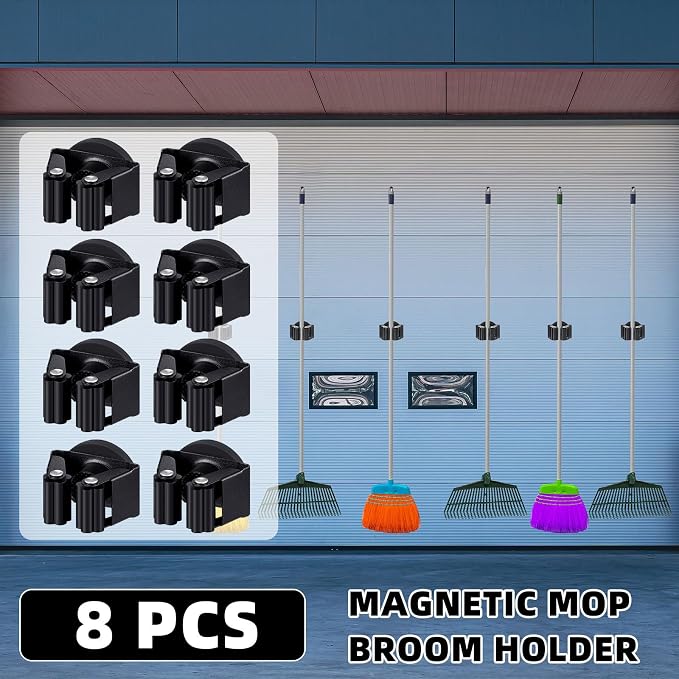 Vercraft 8 Pcs Magnetic Mop Broom Holder Movable Magnetic Broom Holder Rack, Anti Slip Wall Mounted Utility for Cleaning Tools, Garage, Kitchen, Laundry, Garden (Black)