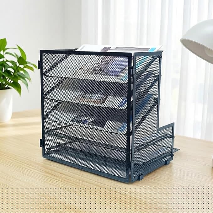 SETTFRFE Office Supplies Desk Organizer,Metal Desktop File Holder Organizer with 5 Tier Paper Tray,Black