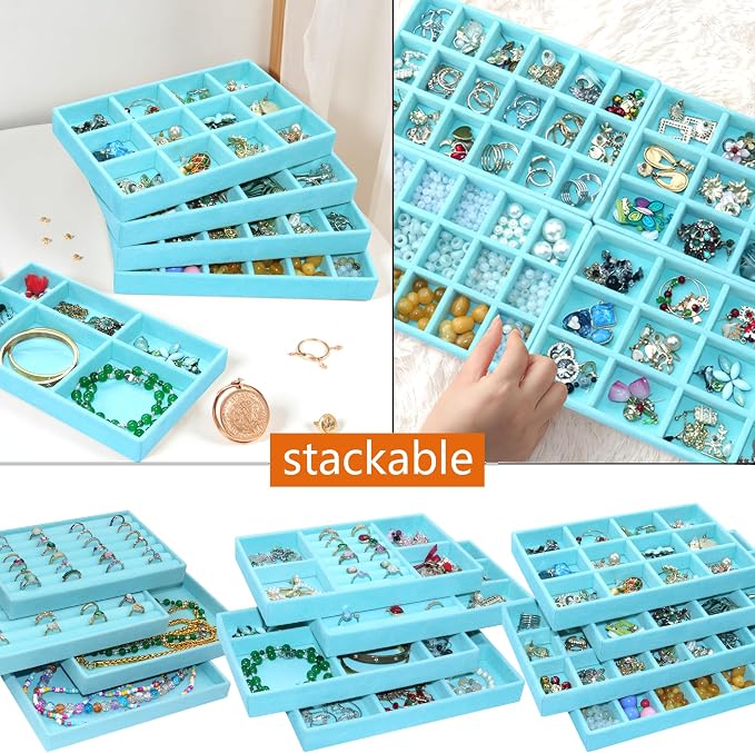 12 Pcs Jewelry Organizer Tray Stackable Velvet Jewelry Tray Earrings Display Case Necklace Earring Box Storage Drawer Bracelet Rings Accessories Trays, Blue