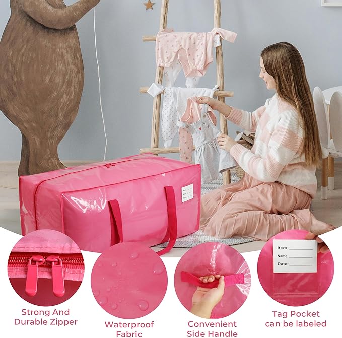 VTSVTS 2 Pack Extra Heavy Duty Large Moving Bags with Comfortable Handle & Strong Zipper,Storage Totes for Space Saving Moving Storage College Supplies Alternative to Moving Box,Pink