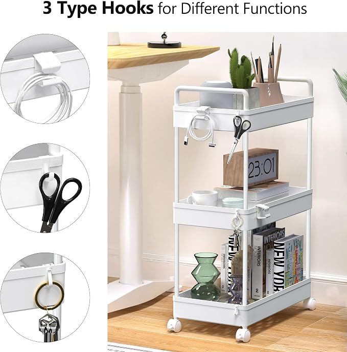 SOLEJAZZ 3 Tier Slim Rolling Storage Cart Organizer with Wheels, White | Utility cart for bathroom, laundry, bedside, dorm&narrow spaces. Fits craft, nail, makeup, snack, art, diaper&baby essentials