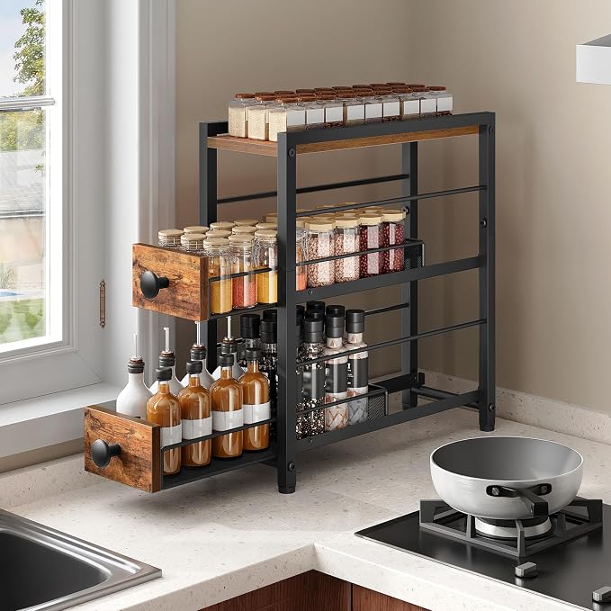 YATINEY Spice Rack, 3-Tier Pull Out Spice Rack Organizer for Countertop, Narrow Kitchen Countertop Storage Shelf with 2 Drawers, for Kitchen, Cafe, Rustic Brown and Black SR02BR