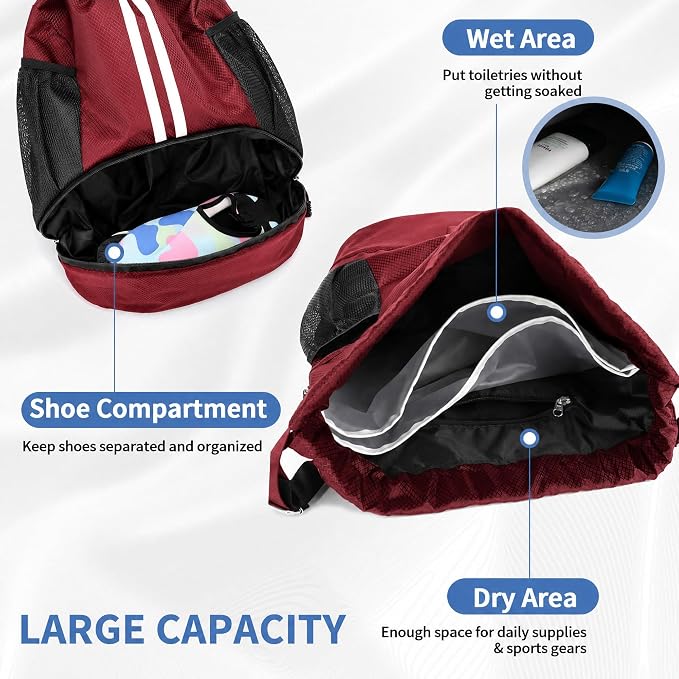 JELUTAR Drawstring Backpack Gym Bag with Shoes Compartment, Burgundy | Water-Resistant String Backpack for Soccer, Basketball, Swim, Beach Cinch for Women Men, 22 L Large Capacity, Wet Pocket