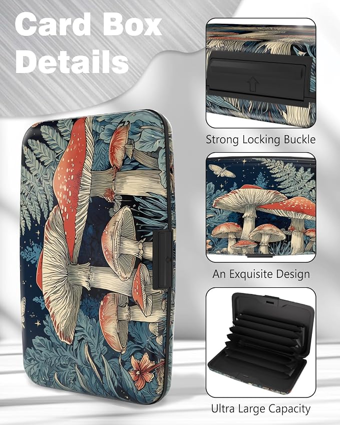 Maicican Credit Card Holder, Mini RFID Blocking Aluminum Wallet | Slim Metal Hard Case Travel Wallet ID Case for Women and Men, 4.3 x 2.9 Inches, Starry Night Mushroom