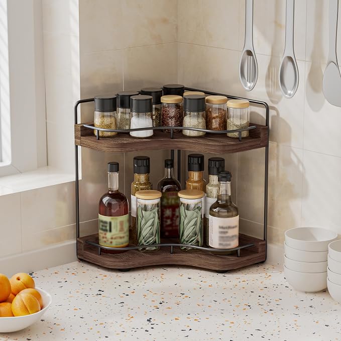 2-Tier Corner Bathroom Counter Organizer for Storage, Dark Brown | Solid Wood, Larger Size, Embedded Screw Holes, sink and Vanity Countertop Organizer for Perfume, Skincare & Makeup Storage