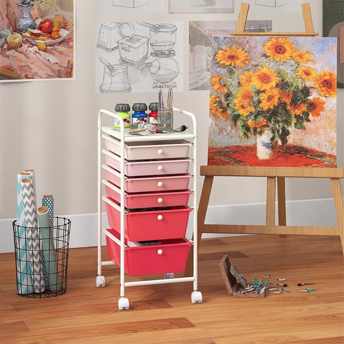 DREAMADE Rolling Cart with Storage Drawers, Utility Cart with Removable Plastic Drawers, Lockable Wheels, Art Cart for Classroom Organization Art Supplies Office Scrapbook (6 Drawers, Mixed-pink)