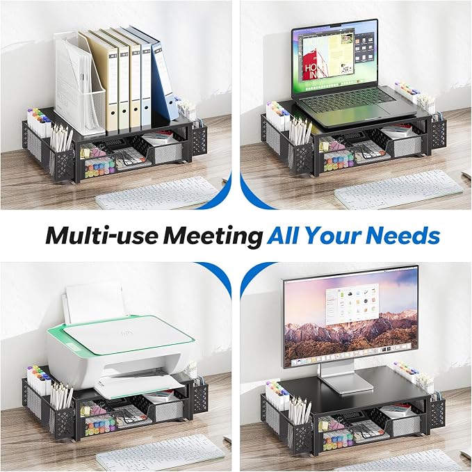Simple Trending Desk Organizer and Accessories, 2-Tier Computer Monitor Stand Riser with Drawer & 2 Pen Holders, Office Desk Accessories & Workspace, Laptop & Printer Stand for Desktop, Black