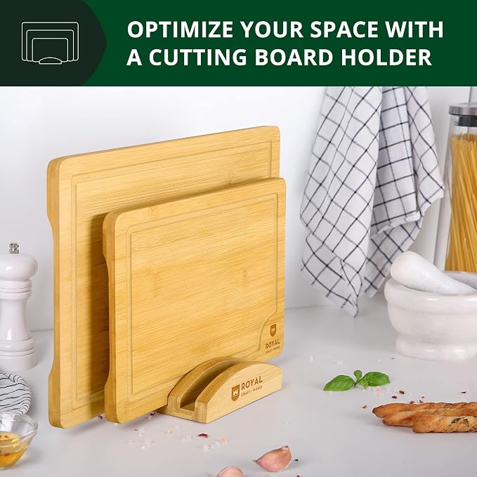 ROYAL CRAFT WOOD Bamboo Cutting Board Set with Juice Groove (3 Pieces) and Cutting Board Organizer