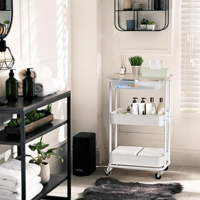 Simple Houseware 3-Tier Rolling Utility Cart with Drawer & Wood Top, Maple | Mobile Sofa Side Table, Nightstand, Slim Storage Organizer Trolley for Bedroom, Bathroom, Office & Art Supplies