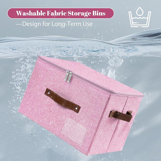 ANMINY Small Fabric Storage Box Bins with Zipper Lid, Washable Pink, 3PCS | Cotton Linen Fabric, PP Board Frame, Label Holder, Stackable & Foldable, PU Handles, Dual-Zipper 3-Side Open Lid