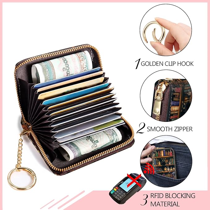 Blusabaca RFID Credit Card Holder Small Women Travel Wallet, Bookshelf Cat | Removable Keychain, Case with Zipper, Vegan PU Leather, Cash Coin Pocket, Business Accordion Purse, Ladies Female Gift