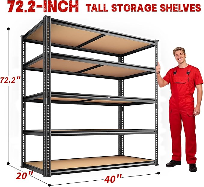 ROOMFAVE 40" W Garage Shelving 2300LBS Storage Shelves Adjustable Metal Shelving 5 Tier Garage Utility Rack Shelf for Warehouse, Pantry, Closet, Kitchen 72.2" H x 40" W x 20" D, Black,Gift