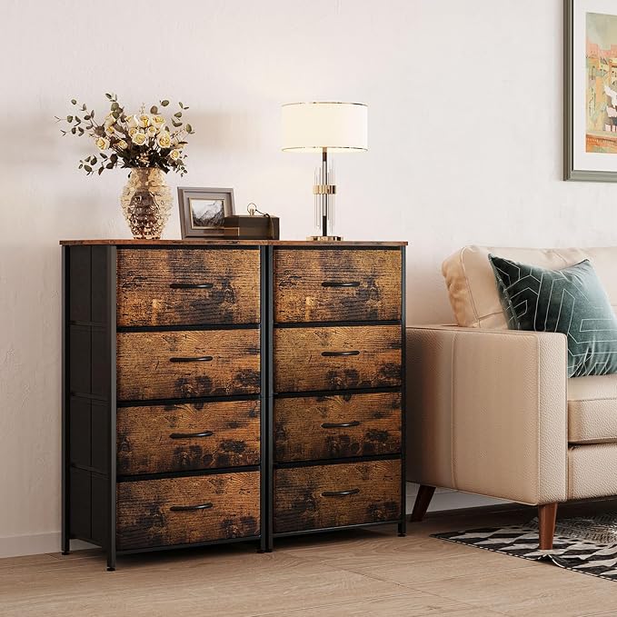 ODK Small Dresser for Bedroom with 4 Storage Drawers, Vintage | Dresser Chest of Fabric Drawers with Sturdy Steel Frame for Small Space, Wood Top