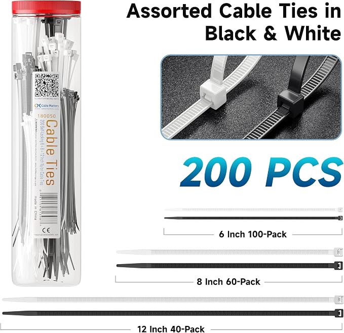 Cable Matters 200-Pack Cable Ties, 6/8/12-Inch, Black and White | Indoor and Outdoor, Self-Locking Nylon Zip Ties, Assorted Sizes, Tie Wraps for Multiple Use