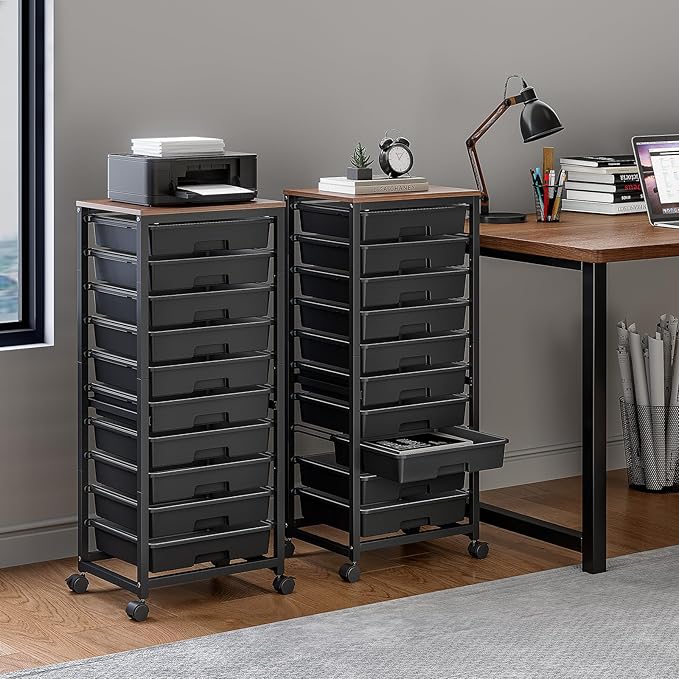 SYKIARIOL Rolling Cart with Drawers,10 Drawer Rolling Cart,Storage Cart,Utility Cart,Teacher Cart for Classroom Storage,Craft Cart with Wheels and Wooden Tabletop,Black
