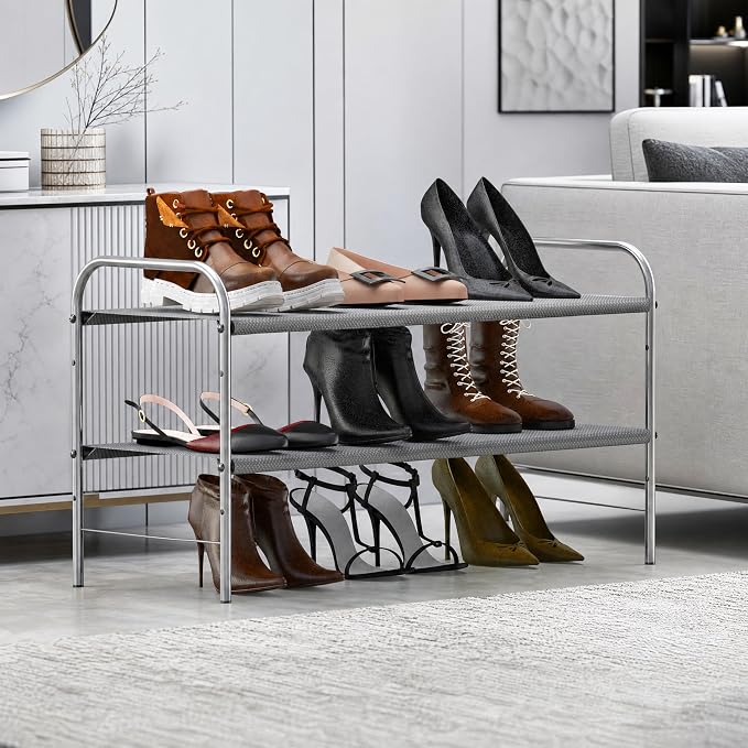 Simple Houseware 2-Tier Shoe Rack Storage Organizer, 12 Pairs, Grey | Space-Saving Shoe Shelf with Sturdy Metal Frame and Non-Woven Fabric Shelves for Entryway, Garage & Corridor