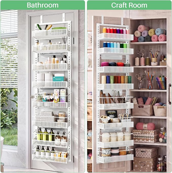 Narrow Over the Door Pantry Organizer - 8 Tiers Height Adjustable Pantry Organizers and Storage with Dense Mesh Baskets, Metal Spice Rack for Kitchen Bathroom (White, 12.2"W x 4.6"D x 69.1"H)