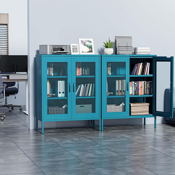 Washsemba Metal Storage Cabinet with Mesh Doors,Steel Display Cabinet with Adjustable Shelves,Metal Office Storage Locker for Home Office,Garage(Blue, 40''H)