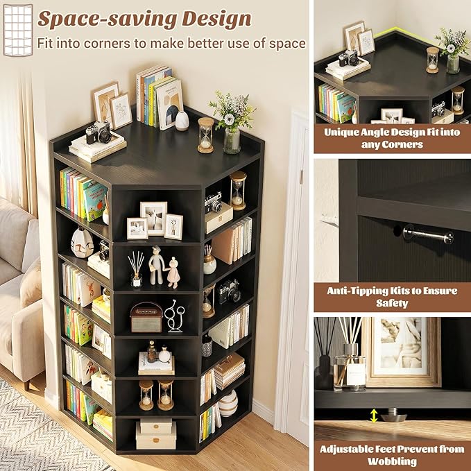 Aheaplus Corner Cube Book Shelf, 7-Tier Corner Storage Cabinet with Top Table, Corner Cube Storage Shelf for Small Space, Wooden L Shaped Cubby Bookcase for Home Office, Bedroom, Living Room, Black