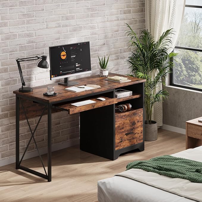 Bestier 47" Computer Desk with Drawers, Home Office Desk with Keyboard Tray, Reversible Industrial Office Desk with Storage Cabinet for Small Space Home Office & Studio, Rustic Brown | Storage Drawer, File Drawer Letter/Legal, Keyboard Tray, Cable Mana...