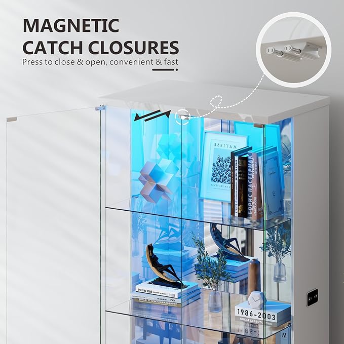 Lvifur 71” Glass Display Cabinet with Lights, Modern Curio Cabinet Display Cases for Collectibles, Locking Cabinet with Shelves & Drawers, Tall Bookcase with Human Body Sensor for Living Room (White)