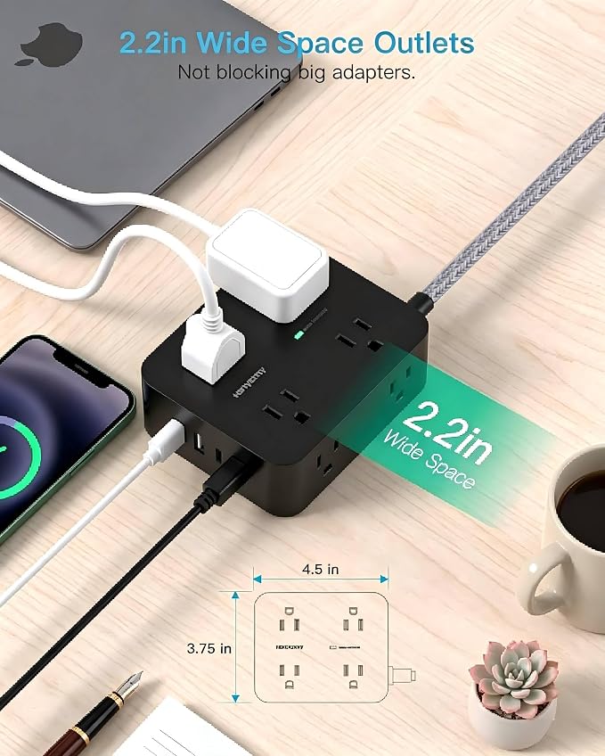 HANYCONY Surge Protector Power Strip 10 Ft, Flat Plug Extension Cord with 8 Outlets and 4 USB Ports(2 USB C), Wall Mount Outlet Extender Charging Station for Home Office Desk