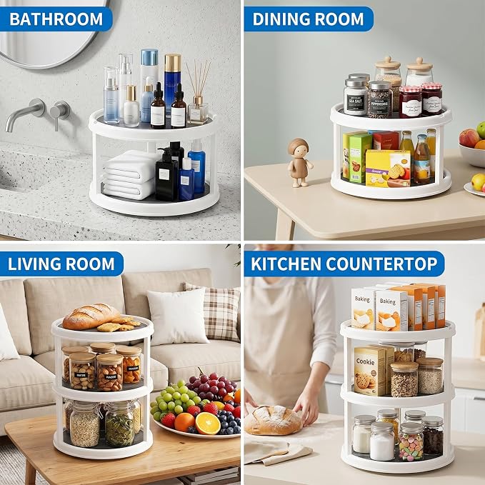 Yesland 3 Tier Lazy Susan Turntable - 12'' Round Tiered Rotating Kitchen Spice Organizer and Non-Skid Organization Storage Container - Tiered Tray for Fruit, Snacks, Cosmetic, Pantry, Bathroom(Grey)