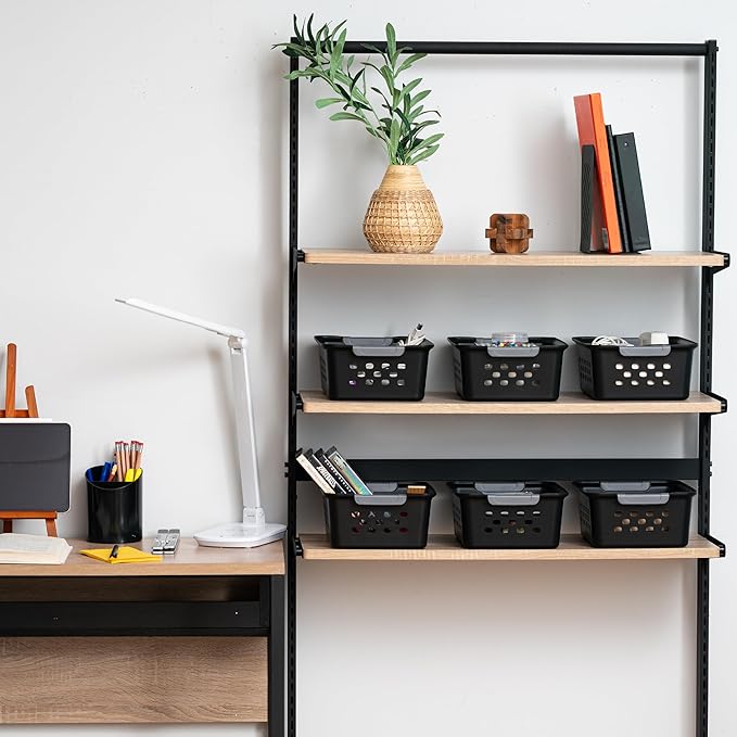 IRIS USA 6-Pack, Small Plastic Storage Basket, Black | Organize pantry items, office supplies, crafts, accessories, and household essentials with easy-carry storage for shelves