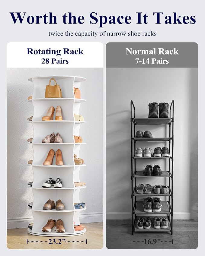Kitsure Shoe Rack - 7-Tier Rotating Shoe Rack Tower, 360° Revolving Display & Storage Solution with Lazy Susan, Space-Saving Shoe Rack for Entryway, Closet, Bedroom, White