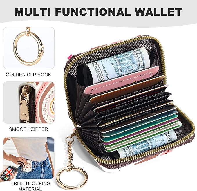 Credit Card Holder for Women,Small Rfid Wallet with Keychain Zipper,Cute PU Leather Card Case Wallet，Accordion Credit Card Wallets Gift,RainbowC