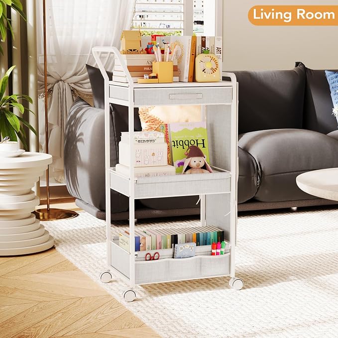 BBLIKE 3-Tier Diaper Caddy Organizer - Rolling Utility Baby Cart with Drawer and Side Pockets for Nursery and Baby Essentials, Multi-Function Cart for Bedroom and Bathroom, White