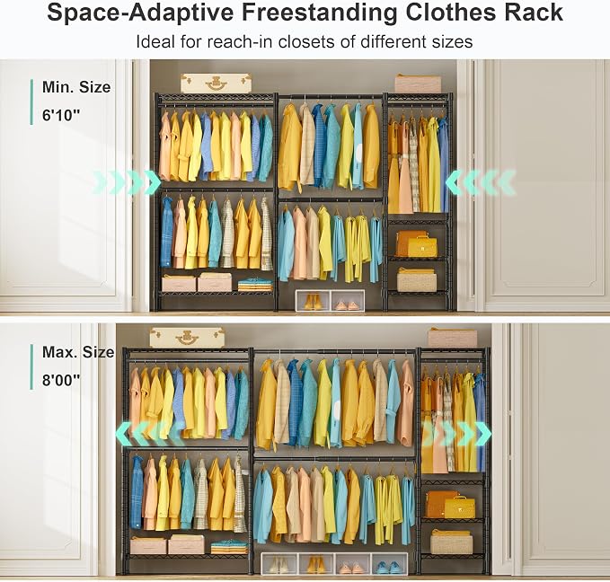 SEMHOR E01 Expandable Heavy Duty Clothes Rack, Free Standing Closet System Organizer, Adjustable Portable Carbon Steel Garment & Clothing Racks for Hanging Clothes (72.5-96"), 800LBS Max Load, Black