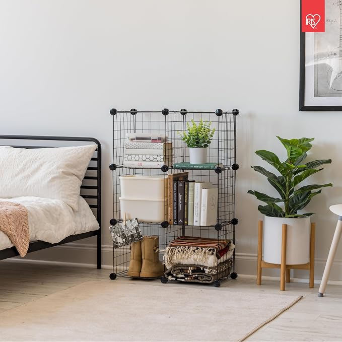 IRIS USA 6-Cube Modular Wire Cube Storage Organizer | Adjustable & Expandable Metal Shelving for Closet, Bathroom & Home Storage, Stackable Wire Grid
