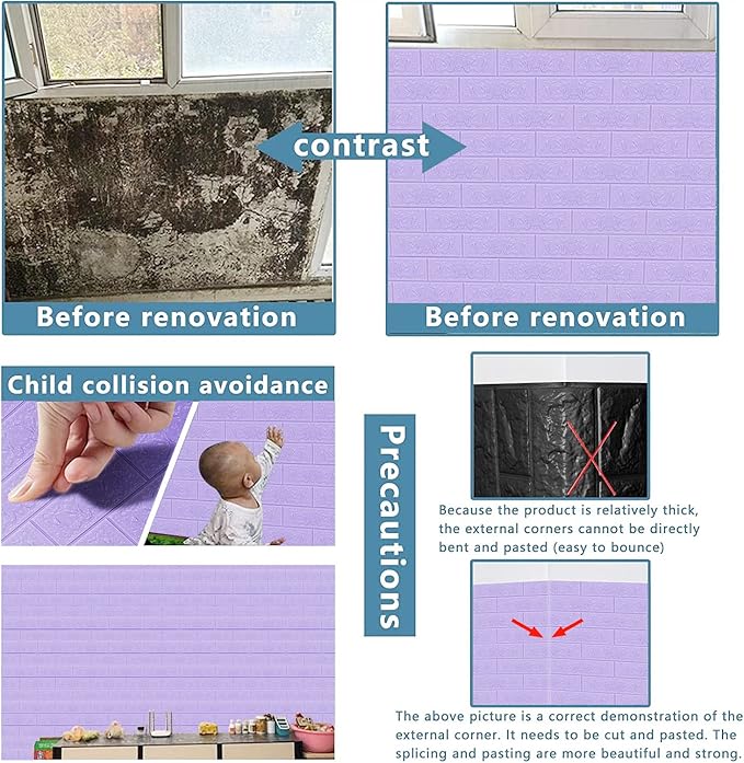 3D Wall Panels, 29 sq.feet Coverage, Printable Wallpaper Sticker with Self-Adhesive Waterproof Brick PE Foam Wall Panels Peel and Stick for Interior Wall Decor, Home Decoration 20 PCS Purple